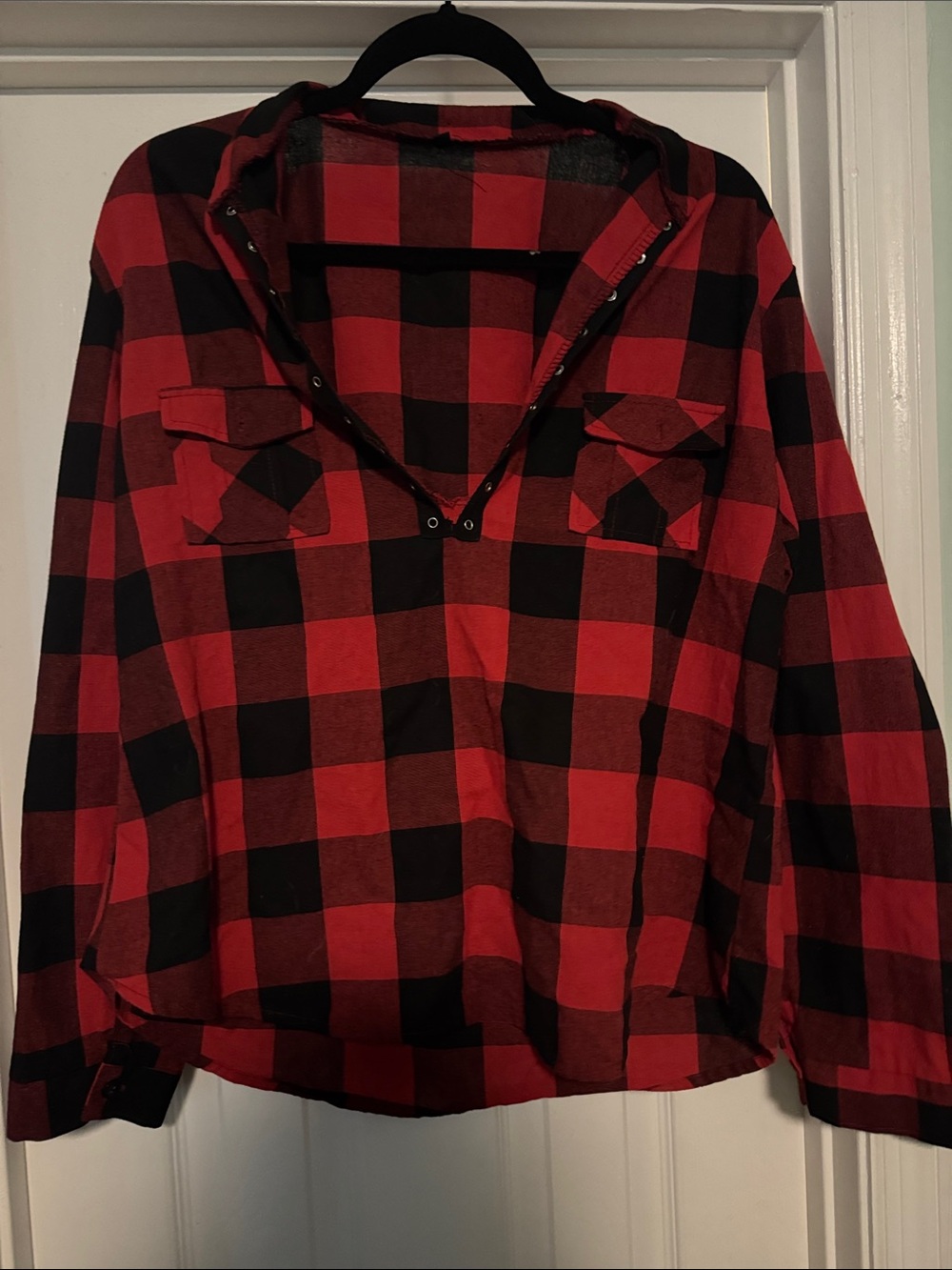 Red and Black Buffalo Plaid Hooded Shirt